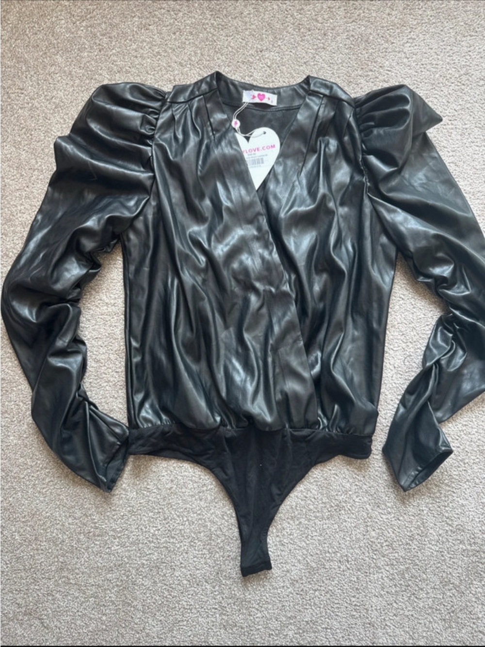Buddy Love Black Faux Leather Puff-Sleeve Wrap Bodysuit